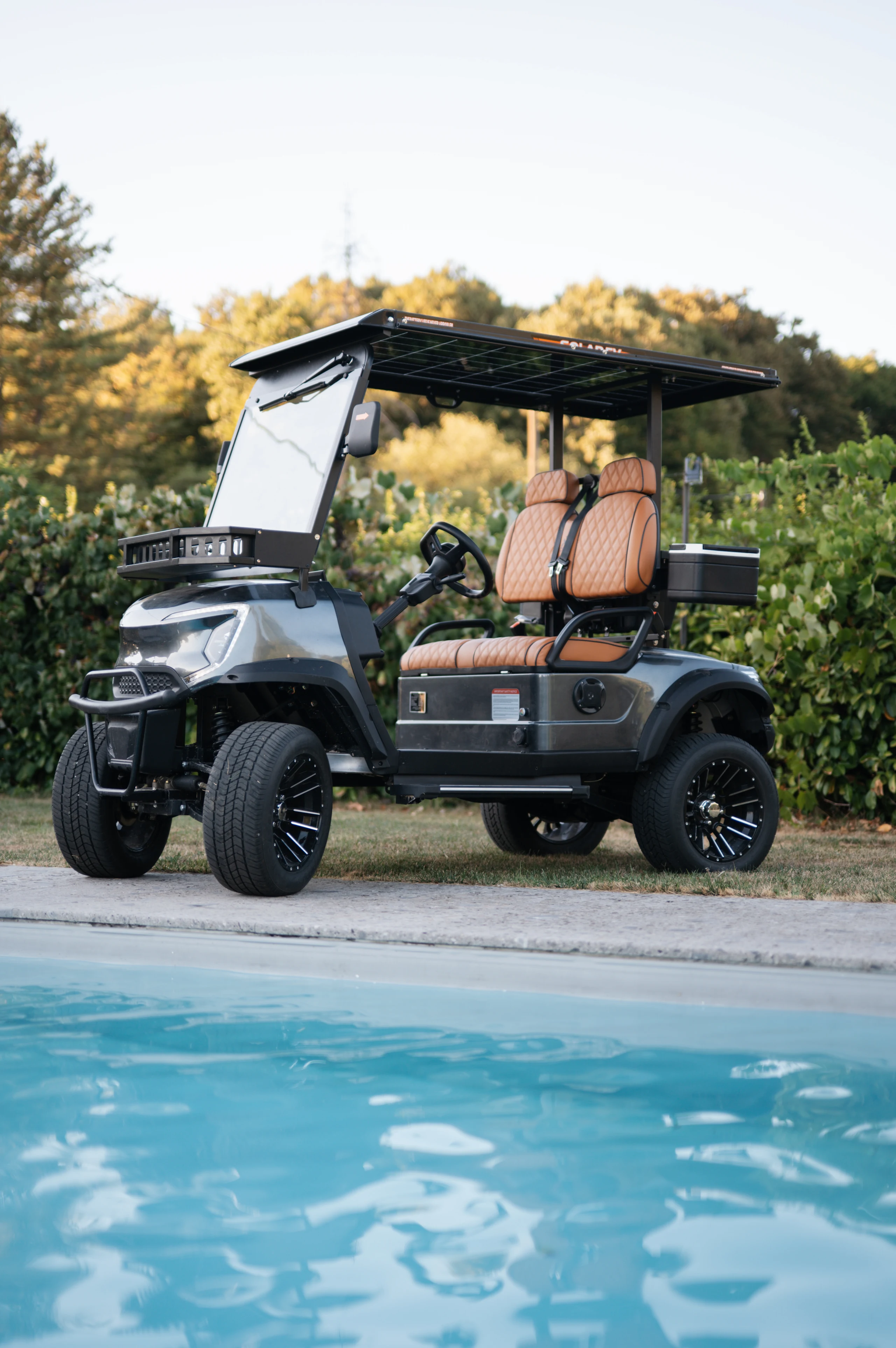 Golf Shuttle Elite 2 — front view by the pool