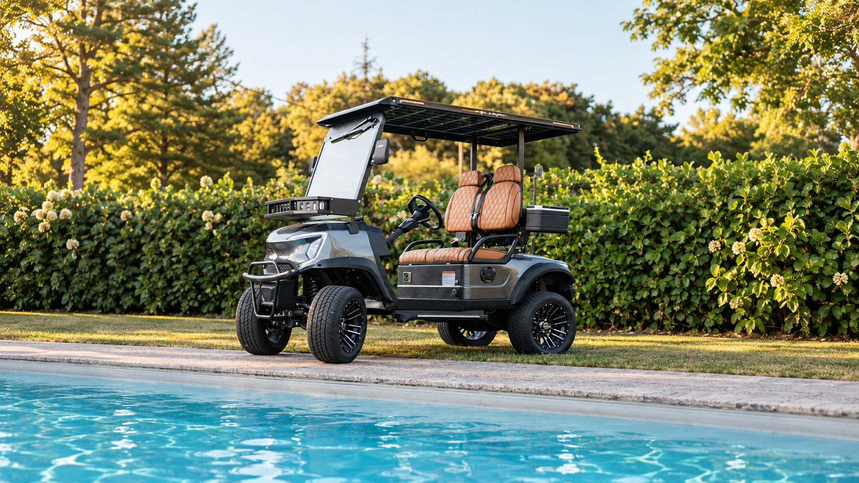 Golf Shuttle Elite 2 — front view by the pool