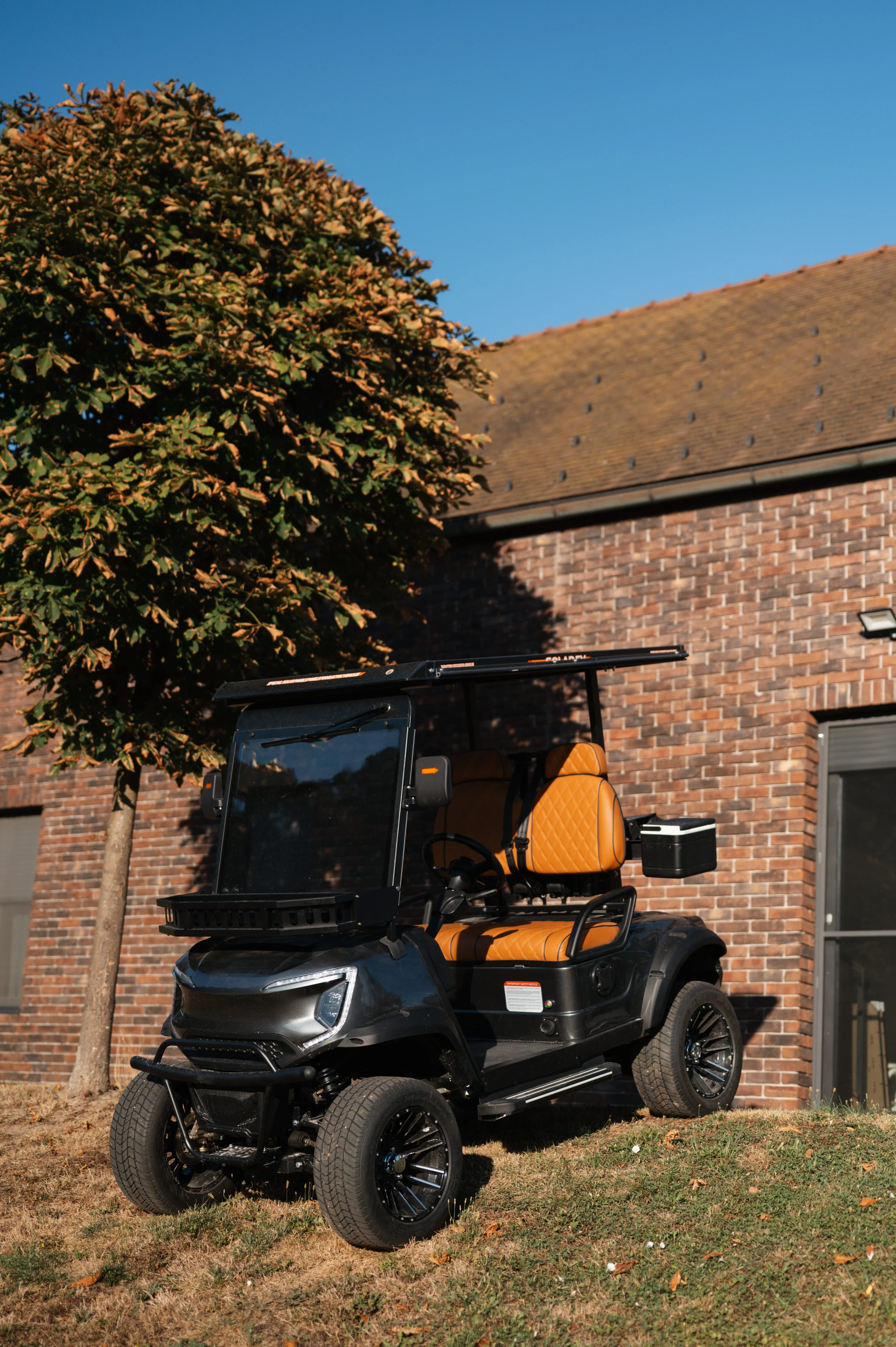 Golf Shuttle Elite 2 beside a stone building