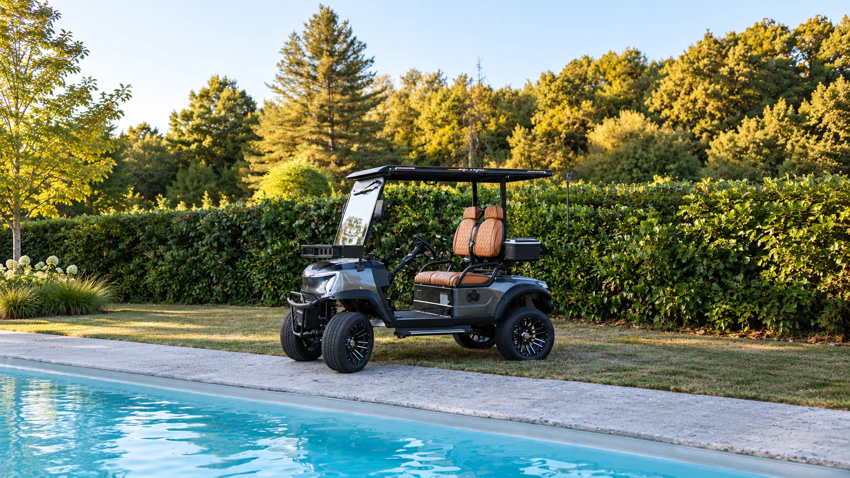 Golf Shuttle Elite 2 — side view by the pool